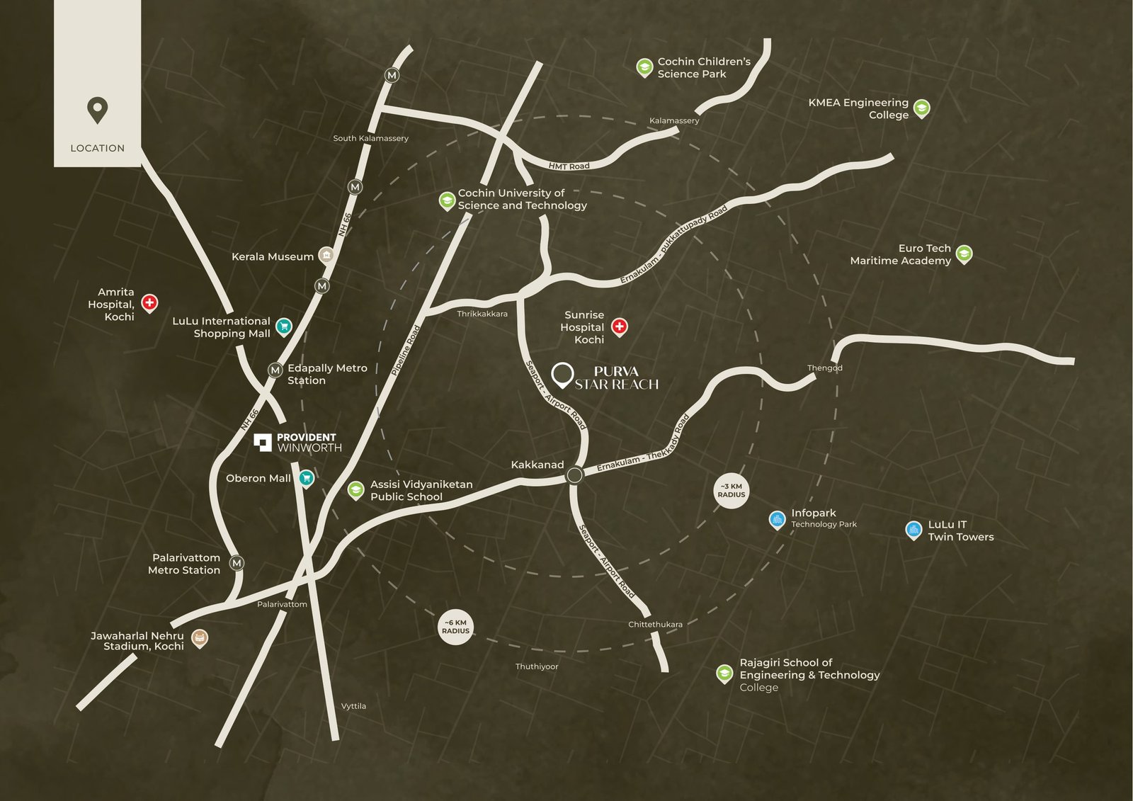 Neighbourhood map showing Purva Star Reach at Kakkanad with Infopark, SmartCity, LuLu Mall, metro stations and hospitals marked