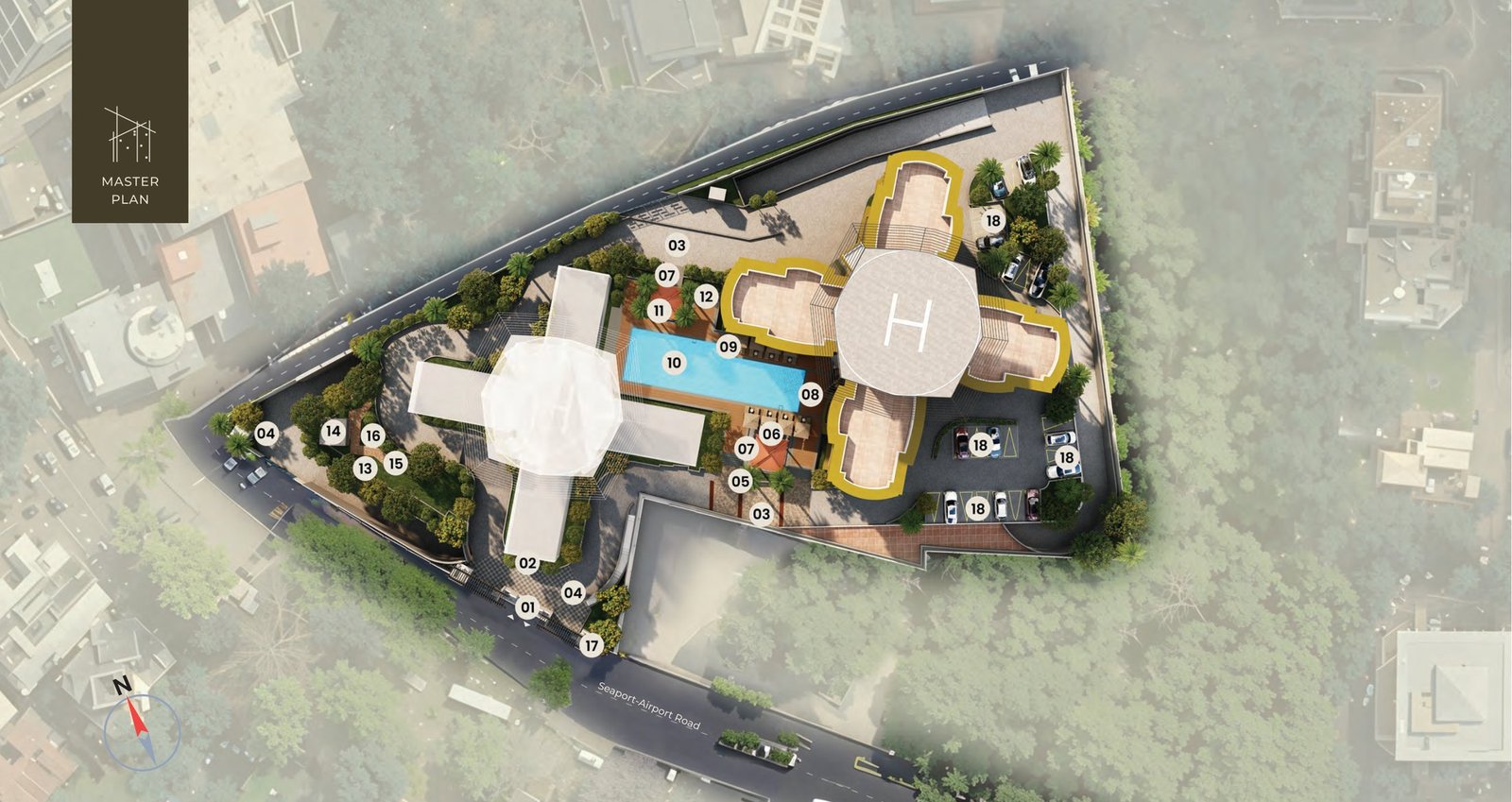 Master plan of Purva Star Reach showing the tower, swimming pool, pavilions, landscaped areas and parking